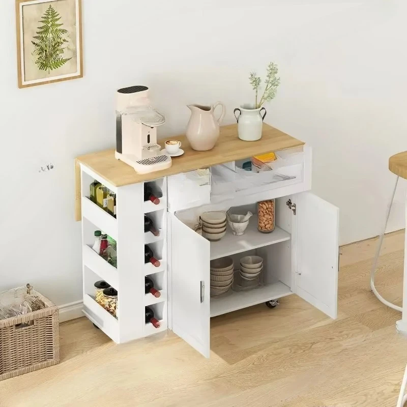 Multi-Functional Kitchen Island Cart with Foldable Rubber Wood Countertop, Two Drawers, Spice Rack, Towel Holder,, Customized