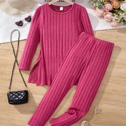 Two Piece Set Of Cute And Warm Winter Girl Knitted Round Neck Striped Solid Color Long Sleeved Pants For Daily Casual Parties