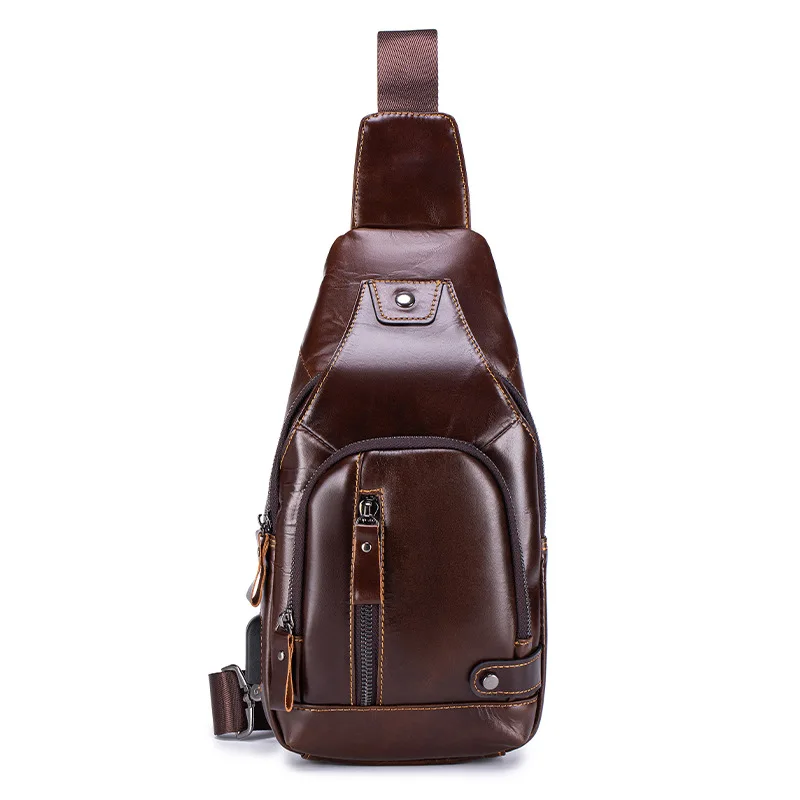 

Genuine leather men's single-shoulder bag, large-capacity button-down zipper anti-theft multi-functional waterproof chest bag