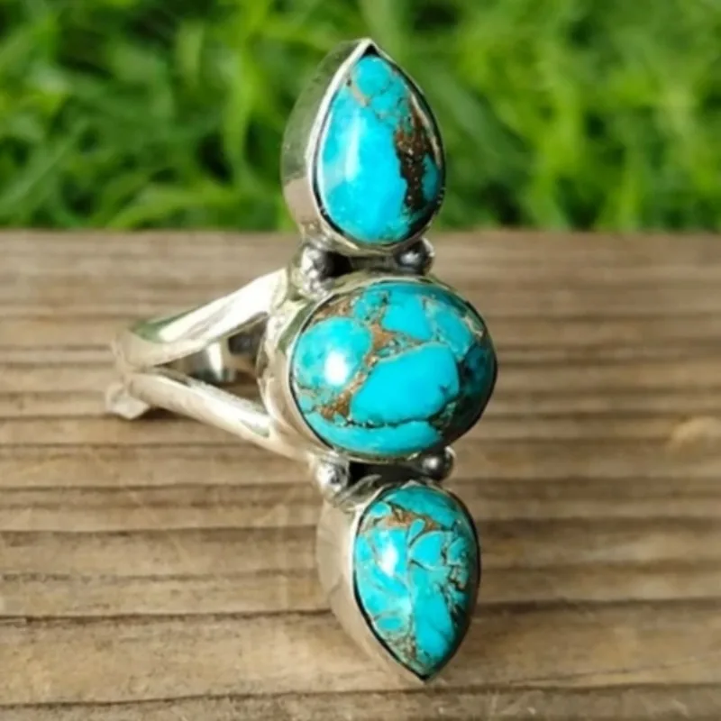 Ethnischer Ring mit eingelegtem Imitationstürkis für Damen, Vintage-Silberfarbe, geometrisch, für den täglichen Gebrauch, Partyschmuck, Jubiläumsgeschenk