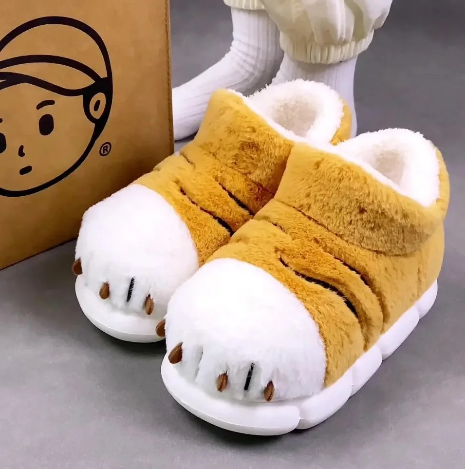 

New tiger paw slippers woman men winter furry booties women's fuzzy home shoes size 44 45 girls Chrismas slippers drop shipping