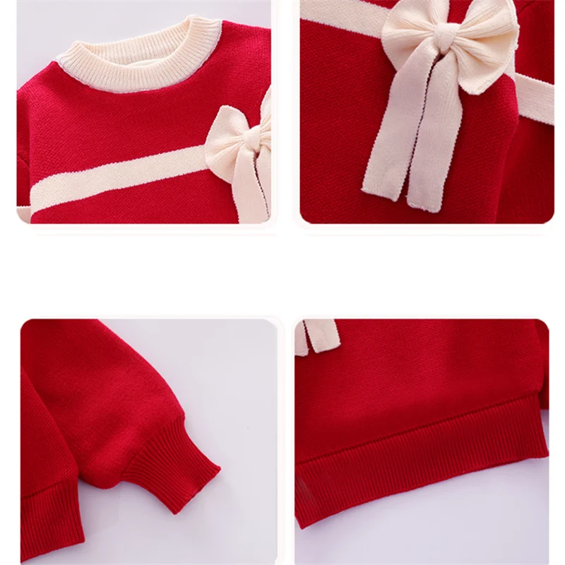 Lovely Baby Girl Sweater with A Bow Red Color Kids Cute Knitted Pullover Outerwear Child Slim Fit Knitwear 4 5 6 7 8 9 11 13 14Y