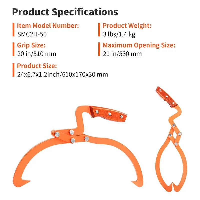 

A74U 1 PCS 20Inch Log Tongs Loads Up To 110 Lbs 2 Claw Skidding Tongs Non-Slip Grip Loading Capacity