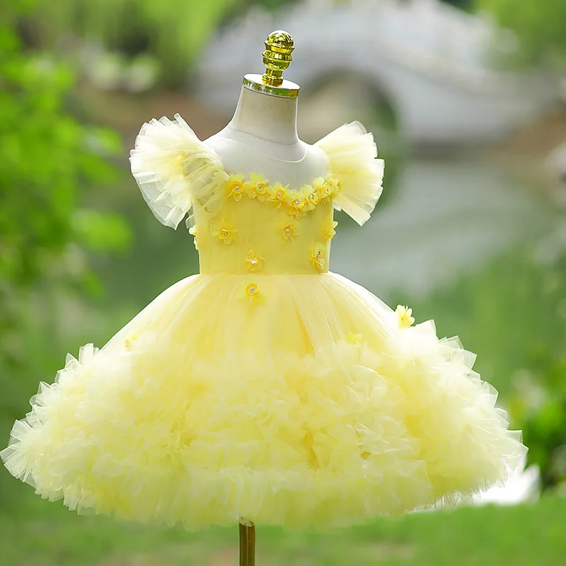 

Платье для первого дня рождения для девочек, легкая роскошная нишевая модель для подиума, фортепиано, желтое платье для выступлений, пышная юбка