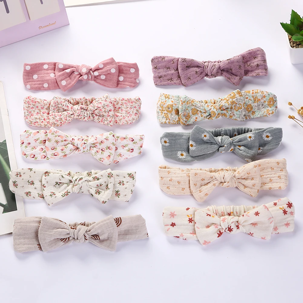 3Pcs/Set Solid Muslin Cotton Linen Baby Headband Elastic Rabbit Ear Hair Band Infant Girl Turban Headwraps Stretch Accessories