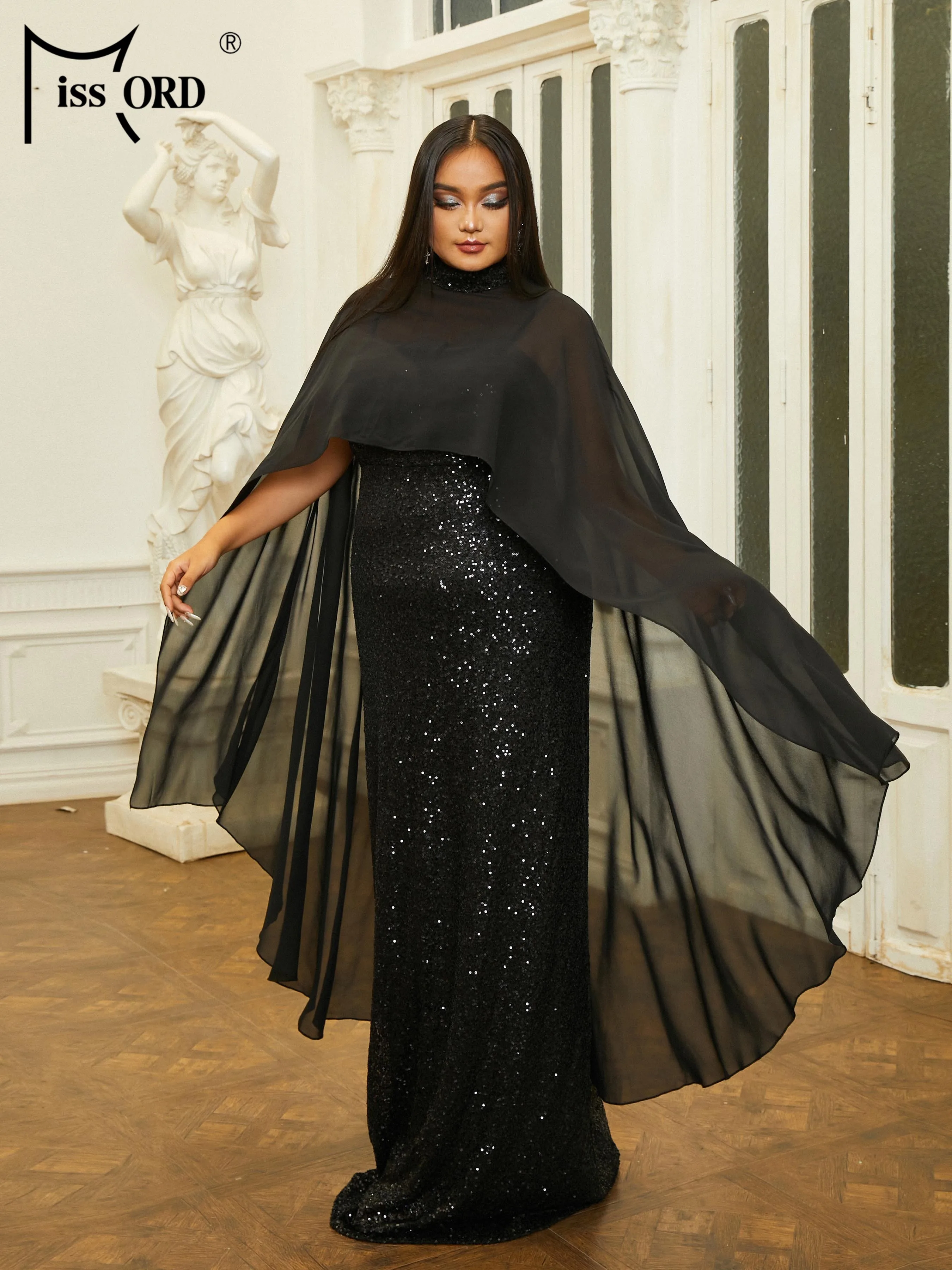 Missord New Plus Size High Neck Cape Sleeve Sequin Mermaid Evening Formal Occasion Dresses