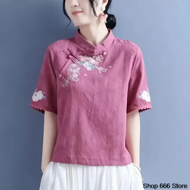 Spring Summer Cotton Linen Solid Color Standing Collar Women\'s Short Sleeve Top Chinese Style Retro Zen T-shirt Tang Suit Hanfu