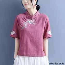 Spring Summer Cotton Linen Solid Color Standing Collar Women's Short Sleeve Top Chinese Style Retro Zen T-shirt Tang Suit Hanfu