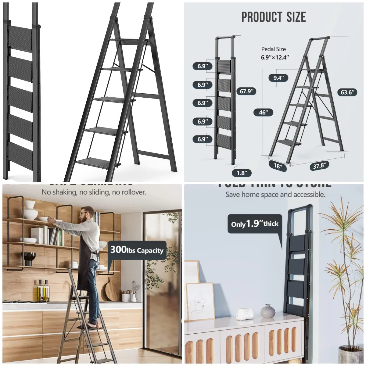 

5-ступенчатая лестница, складной табурет-ступенька, противоскользящие педали, легкий вес, вмещает 300 фунтов, доступны 10 футов, черный