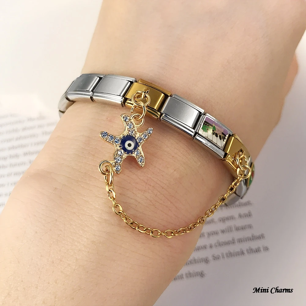 Modischer Schmetterling-Anhänger mit bösen Augen und Hängekette, italienische Charms, passend für 9-mm-Armbänder, Edelstahlschmuck – Detail 11