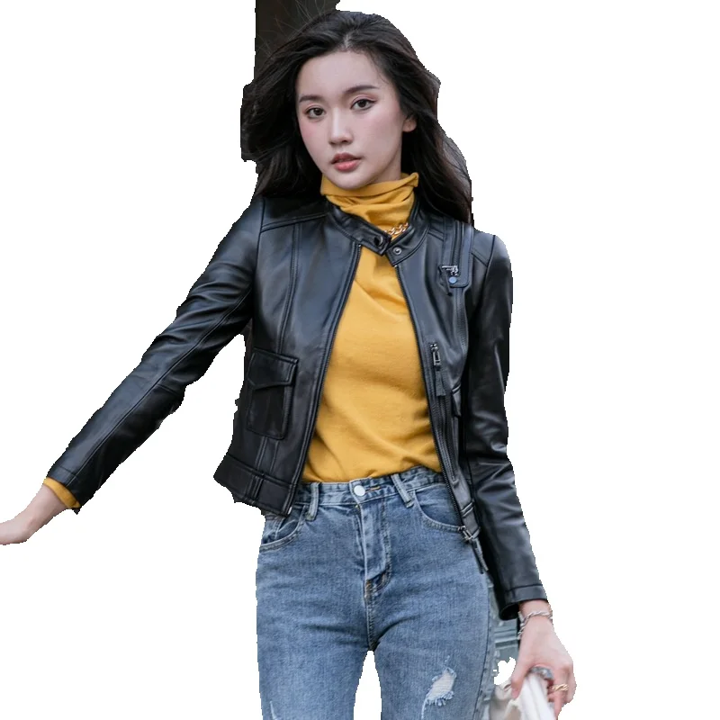 Standing Collar Genuine Leather Jacket For Women's Short And Semi Vegetable Sheepskin Spring Explosive Motorcycle Jacket Jacket
