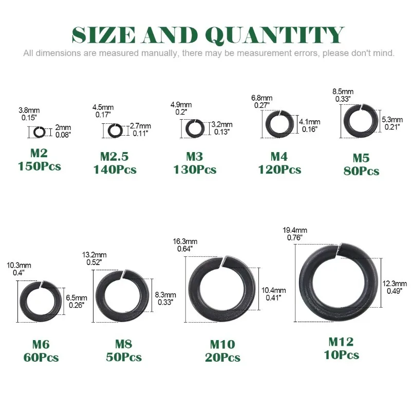 760pcs Spring Lock Washer Black Assortment Kit M2 M2.5 M3 M4 M5 M6 M8 M10 M12 Spring Split Lock Washer Elastic Gasket
