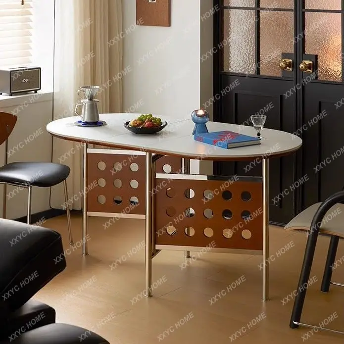 LFoldable rock slab table and chair combination oval medieval household small apartment solid wood retractable dining