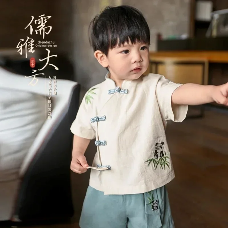 2024 Summer Chinese Style Children's Hanbok Fashion Cotton Linen Blue Handmade Button Panda Embroidery Tang Suit for Boys Gift