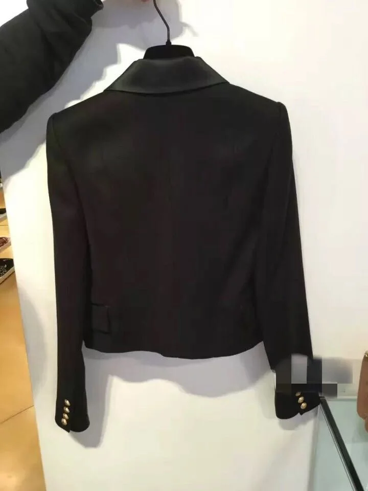 Spring Summer New Women's Short Coat Black Silk Collar Double Row Gold Button Elegant Fashionable Ladies' Jacket