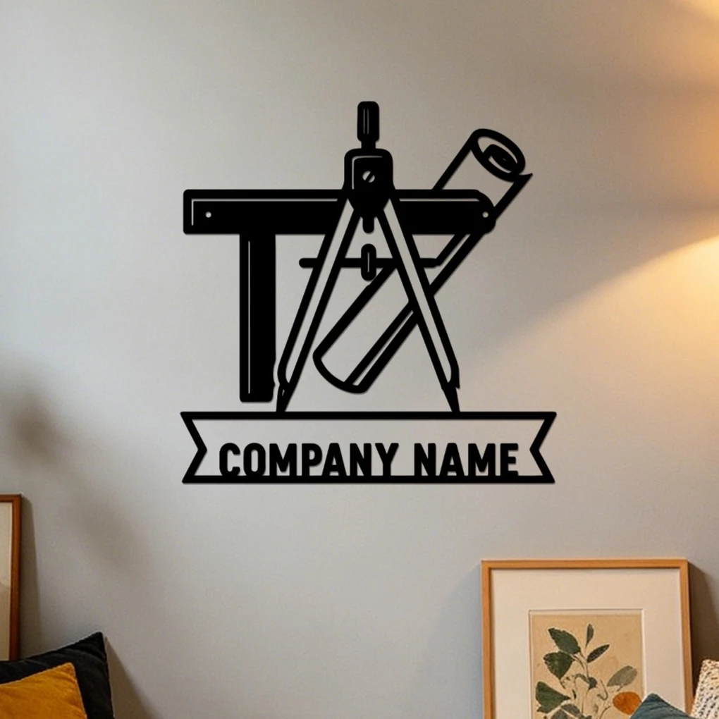 Custom Name Architect Tools Metal Wall Sign Compass Drafting Metal Wall Decor, Vintage Metal Plaque for Office Home Decoration