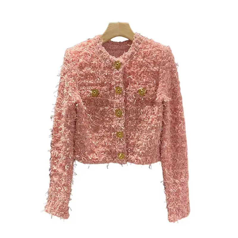 ​ ​ Veste courte Boucle pour femmes, boutons dorés robustes, épaulettes, coupe cintrée, Style français, rose, printemps, Blazer ​ ​
