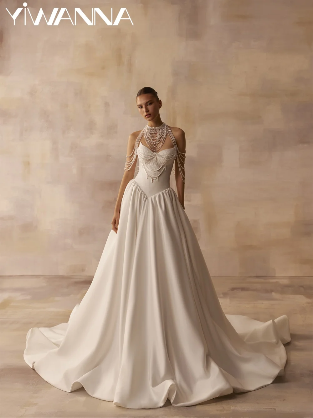 2027 New Sparkling Pearls Wedding Dress Vintage Satin A-line Long Bridal Gown Customized Dreamy Off Shoulder Dresses For Bride