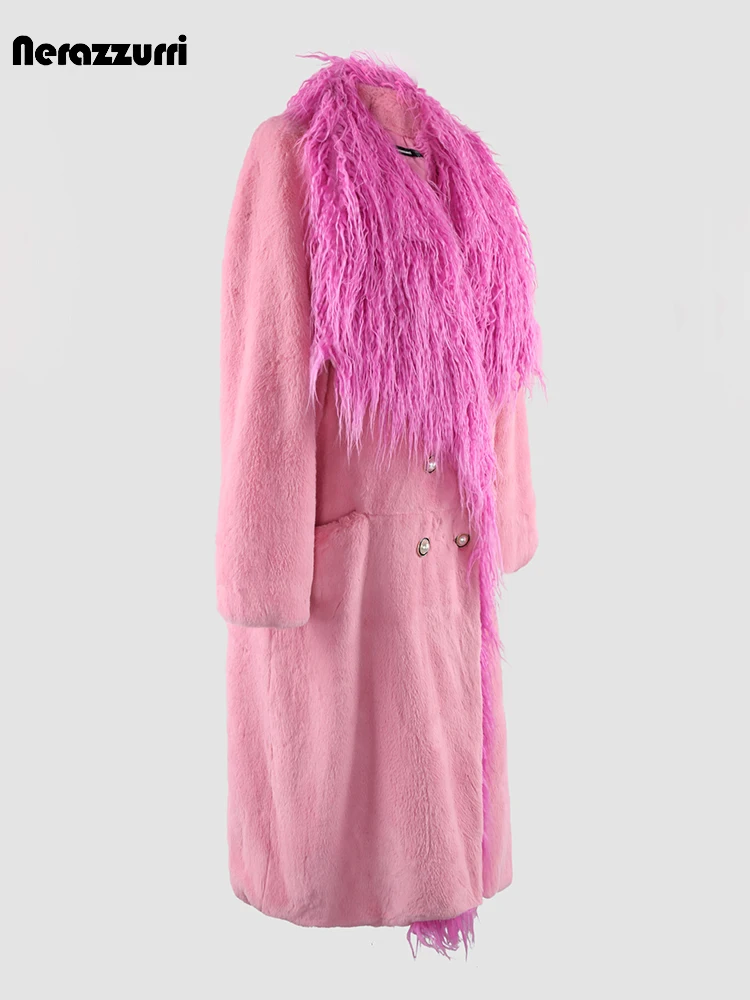 Nerazzurri Autumn Winter Long Thick Warm Pink Faux Fur Coat Women Double Breasted Loose Elegant Chic Luxury Furry Overcoat 2023