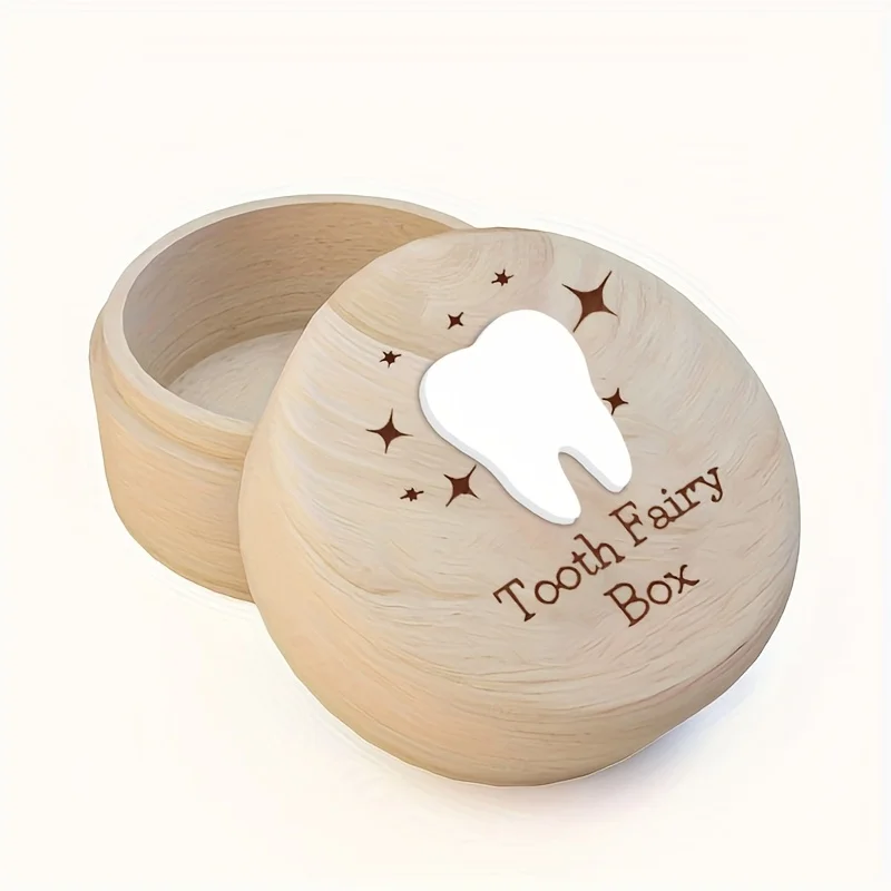 1PCS Wooden Tooth Fairy Box 3D White Tooth Pattern Tooth Preservation Storage Hair Umbilical Cord Keepsake Birth Souvenir Home