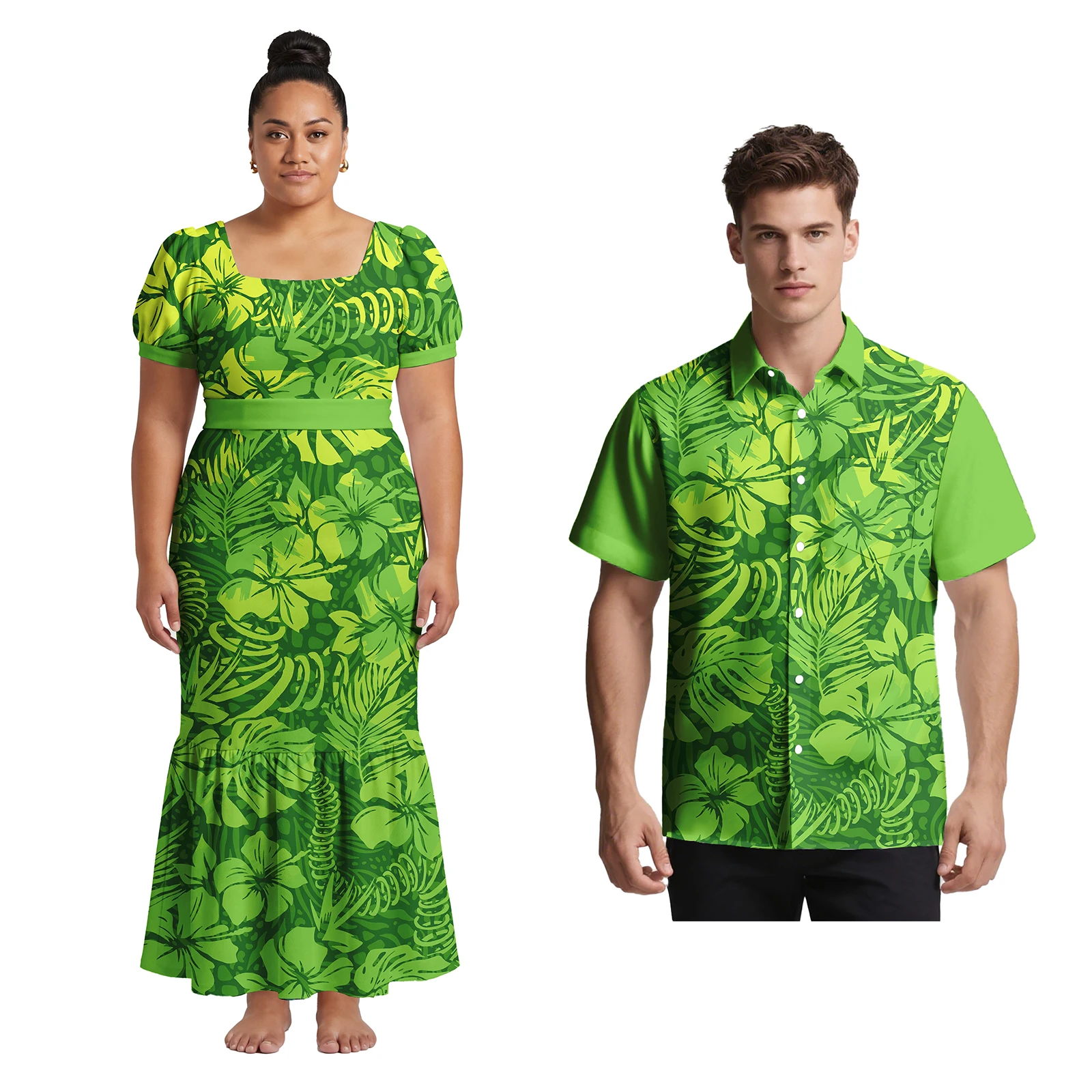 

Hawaiian Party Prom Sweet Lovers Clothes Casual Men Shirts Polynesian Island Women Mermaid Dress Samoan Tribal Cozy Couple Suit