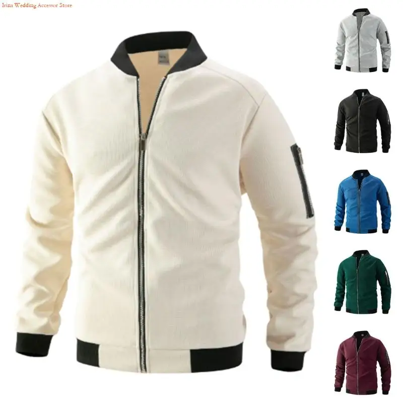 G92D Fleece Bomber Coat Men Zip Up Coat Windbreaker Coat Barn Coat Outwear with Pockets