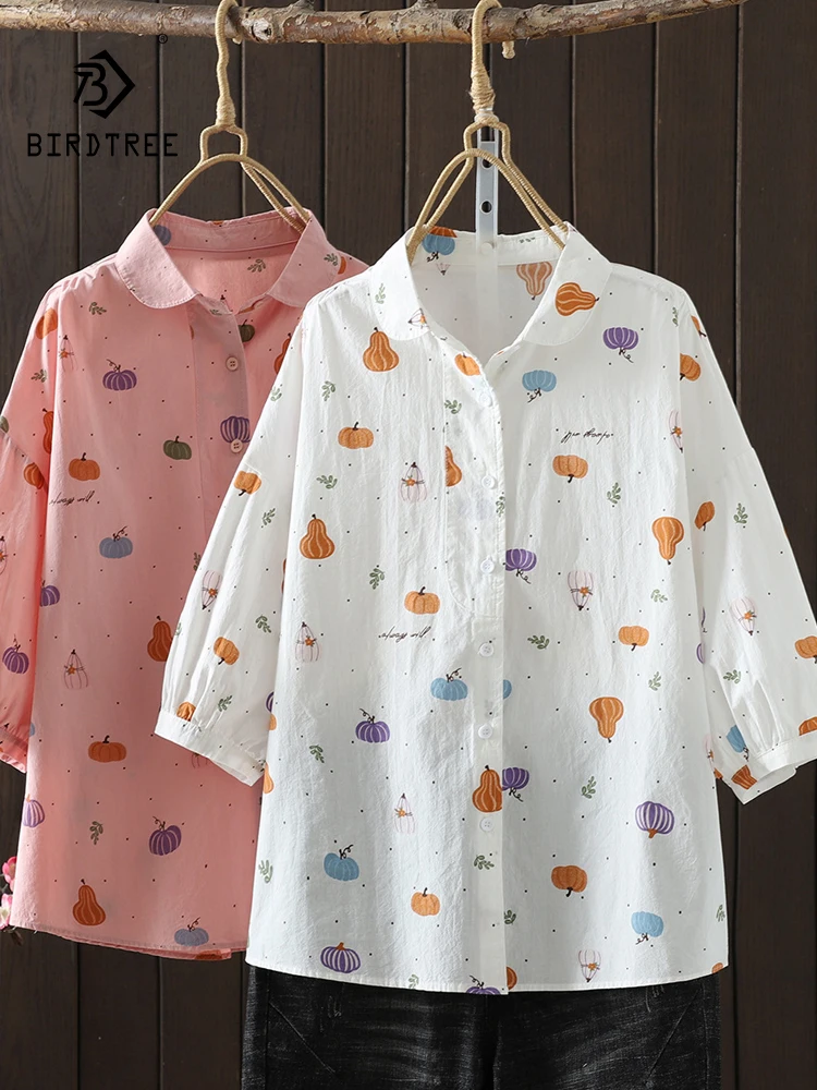 

New 2025 Summer Cotton Short Sleeve Shirt, Women Turn-down Collar Printed, Mori Girl Casual Age Reduction Loose Blouse T55845CC