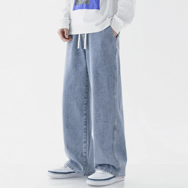 

KIDWHXR Man Straight-leg Pant American Simple Solid Color Versatile Male Denim Pant Loose Elastic Waist Drawstring Men Trousers