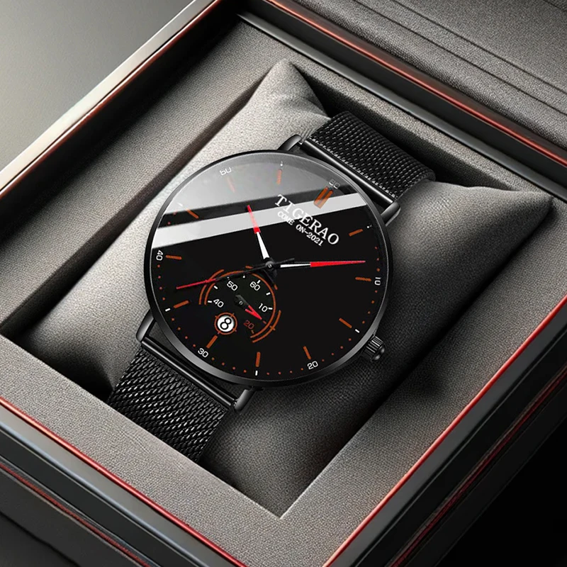A men's stylish and minimalist calendar motorcycle watch with a cool black case and black steel band, quartz movement