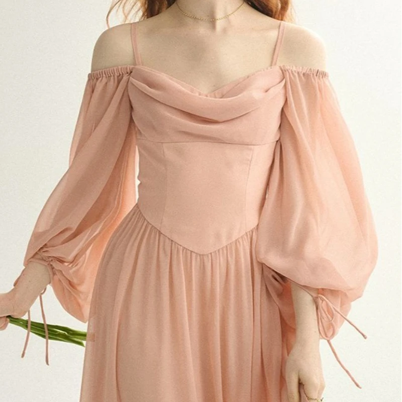 

French Fairy Wind Long-sleeved One-shoulder Dress 2025 Spring and Summer Waist Gentle Temperament Party Women's Dress