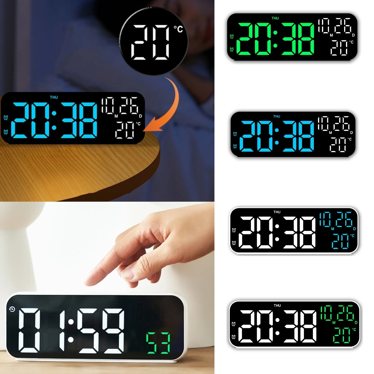 

Digital Alarm Clock Date and Temperature Week Display Night Mode Table Clock Voice Control 12/24H Electronic LED Alarm Clocks
