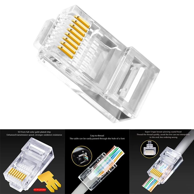 ขั้วต่อ RJ45 6U ทอง platedpass ผ่านสายอีเธอร์เน็ตโมดูลปลั๊กเครือข่าย RJ-45หัวคริสตัล Cat5 Cat5e