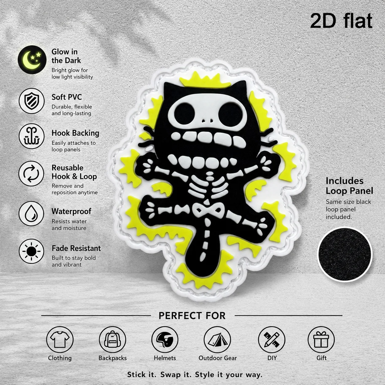 Dark Cartoon Skull Cat Lace Edge Irregular Frame Outline Pattern 2D Flat Pvc Material with Built-In Glow-In-The-Dark Effect, Includes Fleece Backing, Optional Sizes 1Pc/2Pcs/3Pcs, Embossed Edge Banding, Tear-Resistant, Suitable for Workwear Jackets and Outdoor Apparel Accessories