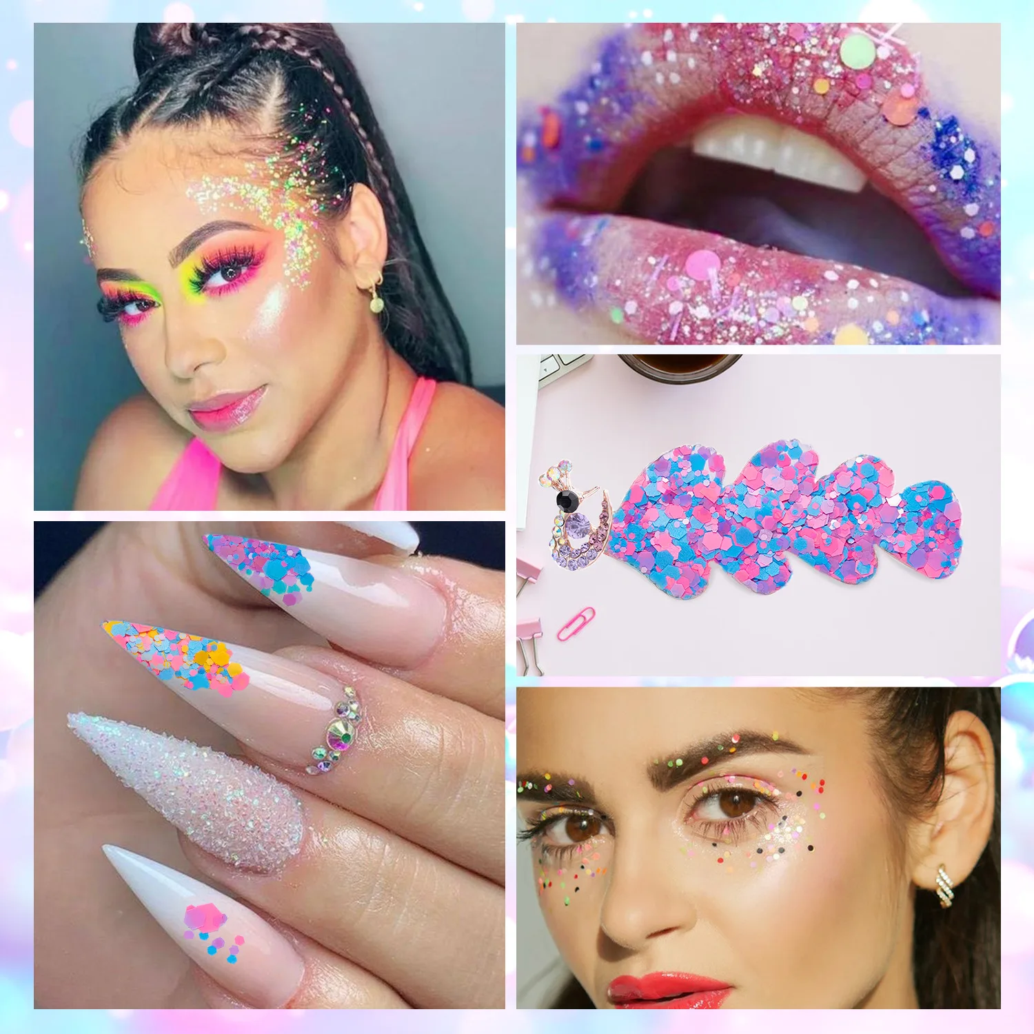 2025 Nuovi gioielli per nail art con paillettes per il corpo, fluorescenti, a 5 strati