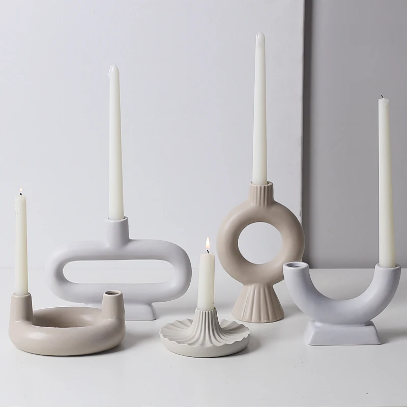 Hipster New Unique Round Candlestick Ornament Display Modern Wedding Double Tube Ceramic Candle Container Donut Candle Holder