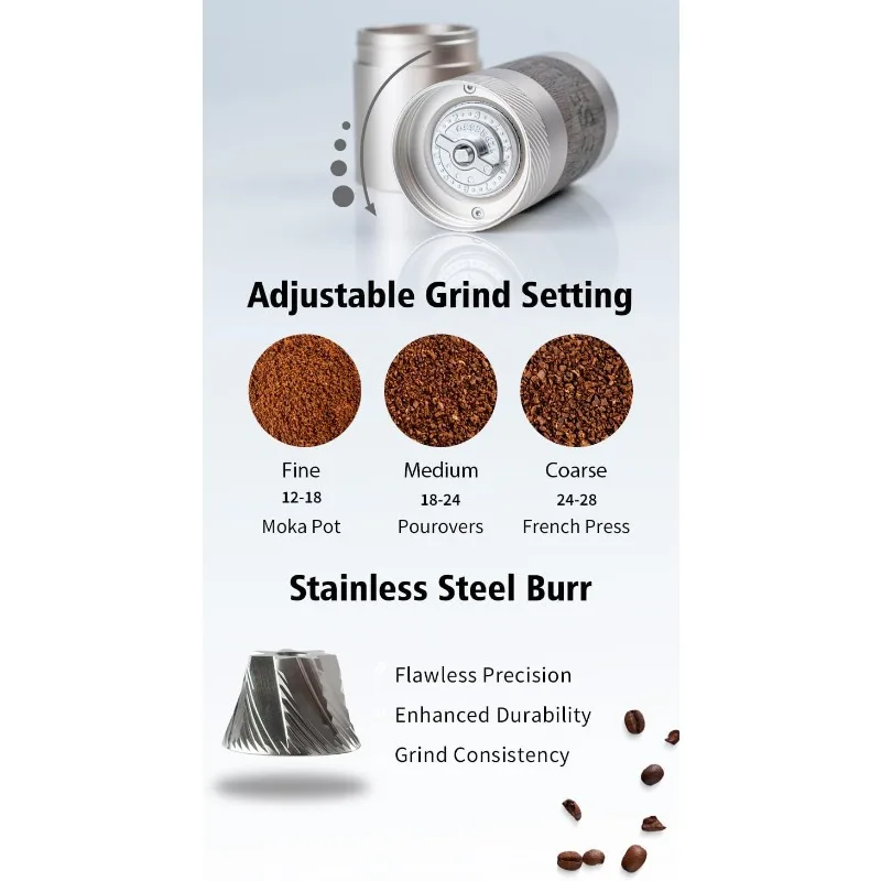 Manual Coffee Grinder, Mini Slim Travel Sized, Stainless Steel Conical Burr, Numerical Adjustable Setting