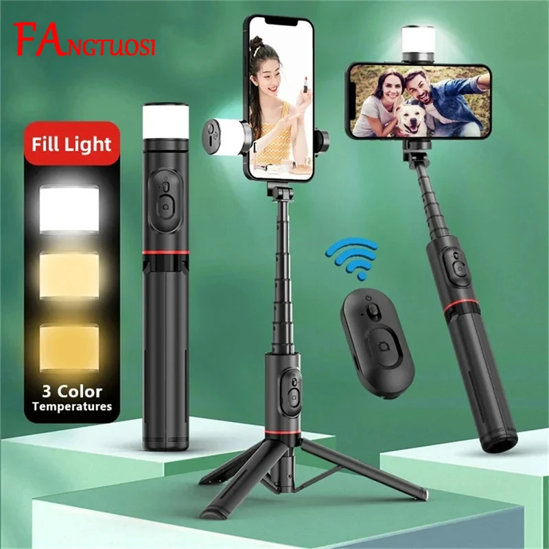 FANGTUOSI 2024 NEW Portable Wireless Bluetooth Phone Telescopic Selfie Stick Tripod With Fill Light For Huawei iPhone 15 Android