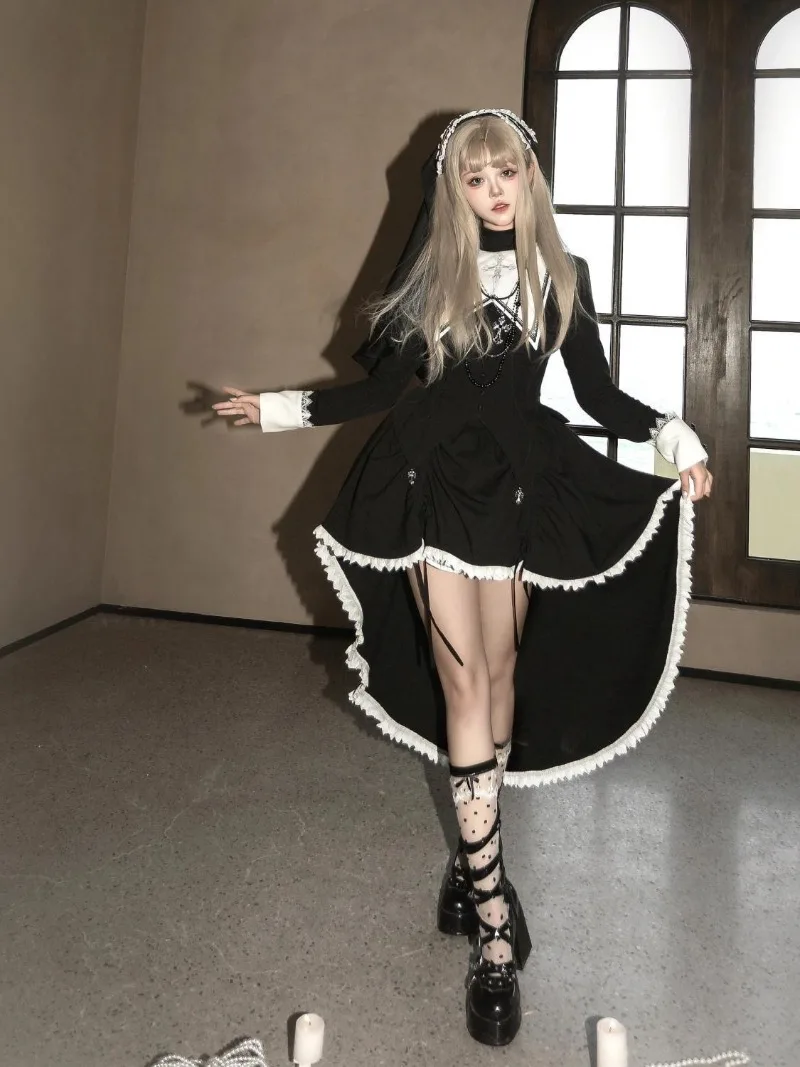 

Darkly Series Halloween Lolita Dress Cross Print Top Dovetail Irregular Puff Skirt Two Piece Set Festival Goth Girl Black Skirts