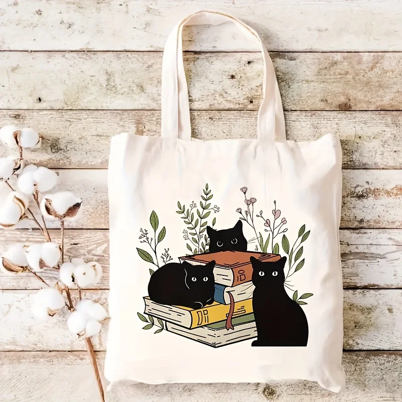 Mysterious Black Cat And Books Tote Bag Botanical Line Art Canvas Handbag For Book Lovers Daily Commute