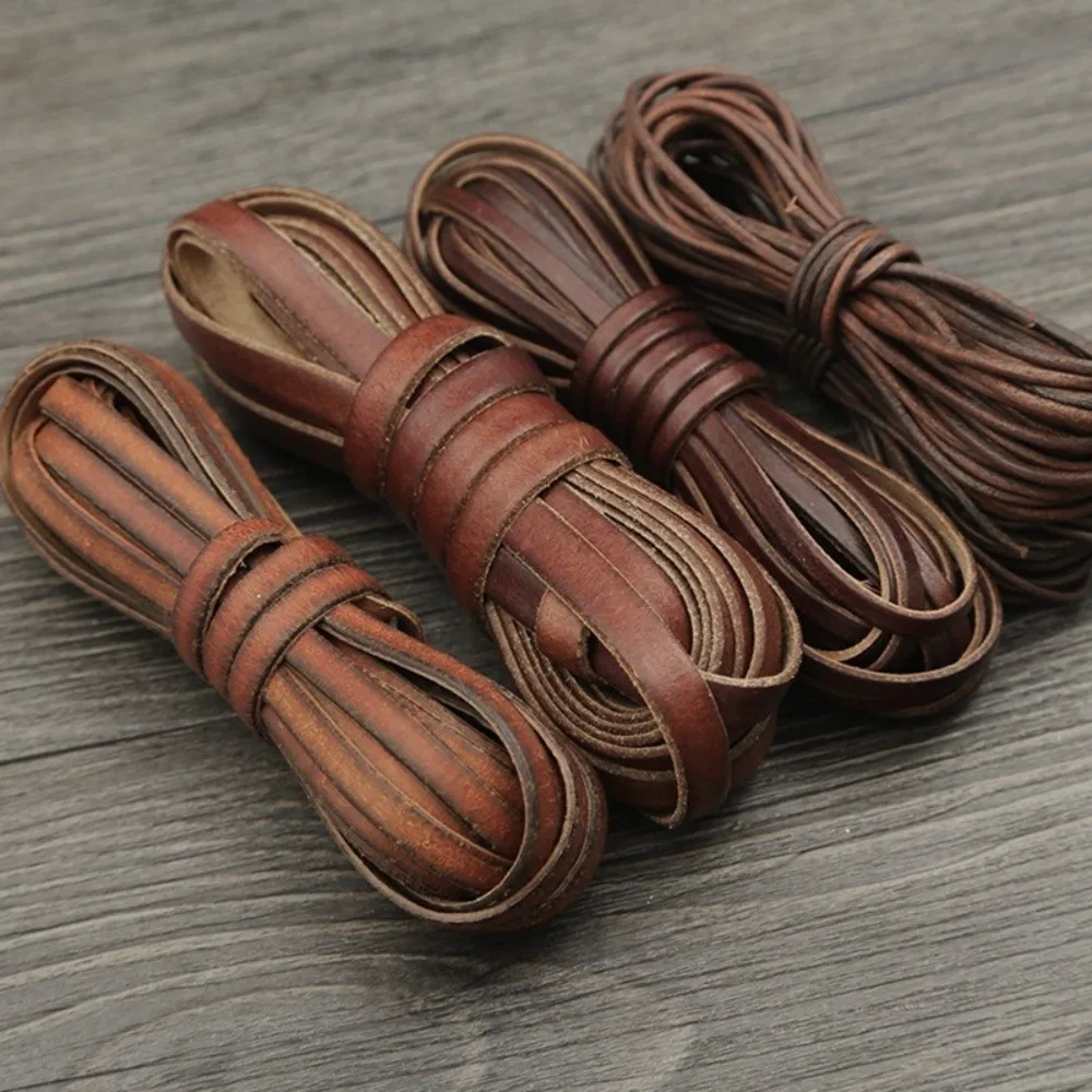 Round Genuine Cow Leather Cord 2 Meters Leather Strip Cow Leather Rope Handmade Flat Braided Leather Cord Bracelet Making