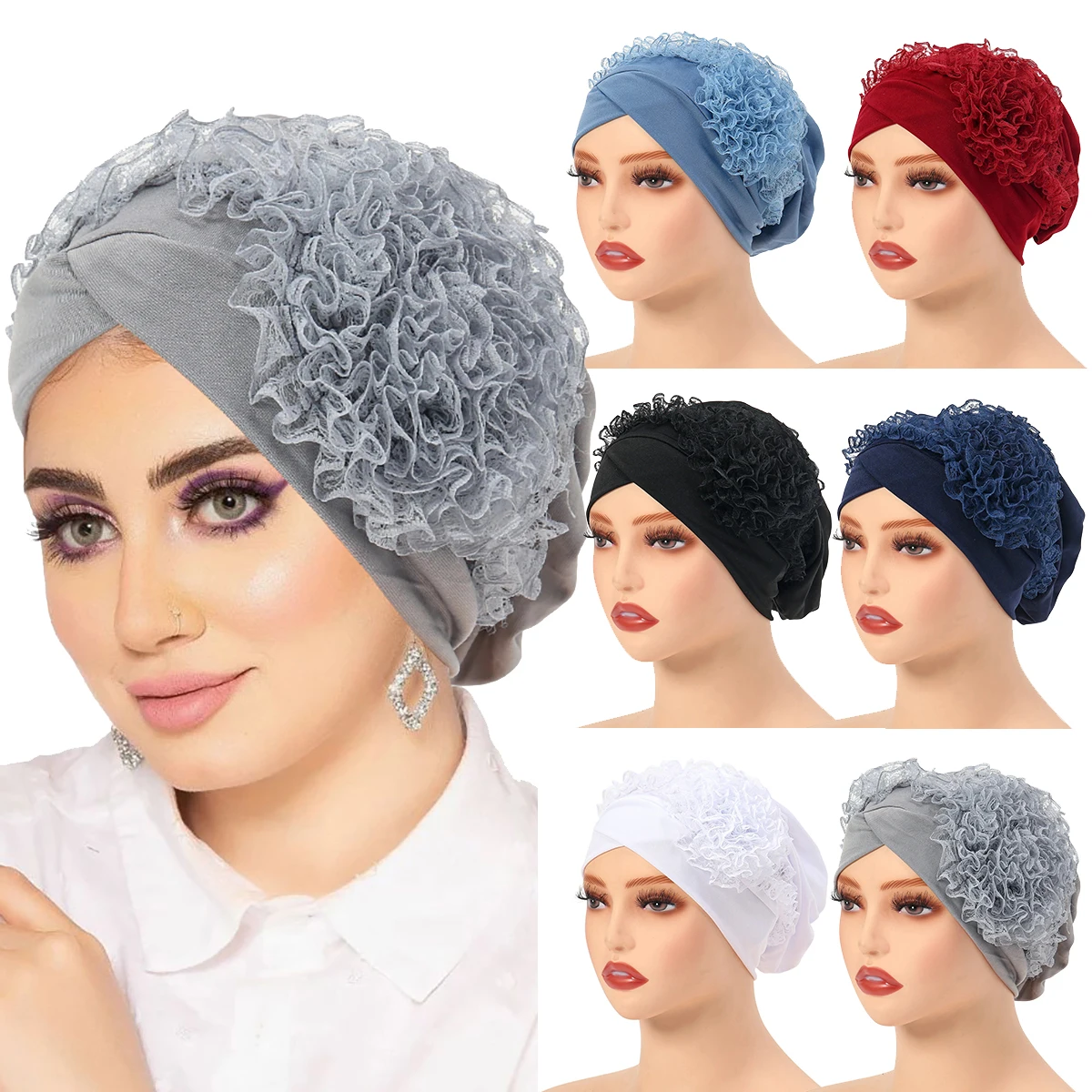 Nieuwe Vrouwen Kant Bloemen Tulband Cap Elastische Islamitische Vrouwelijke Effen Kleur Hoofd Wraps Moslim Hijaabs Hoofddoek Dame Beanie Caps