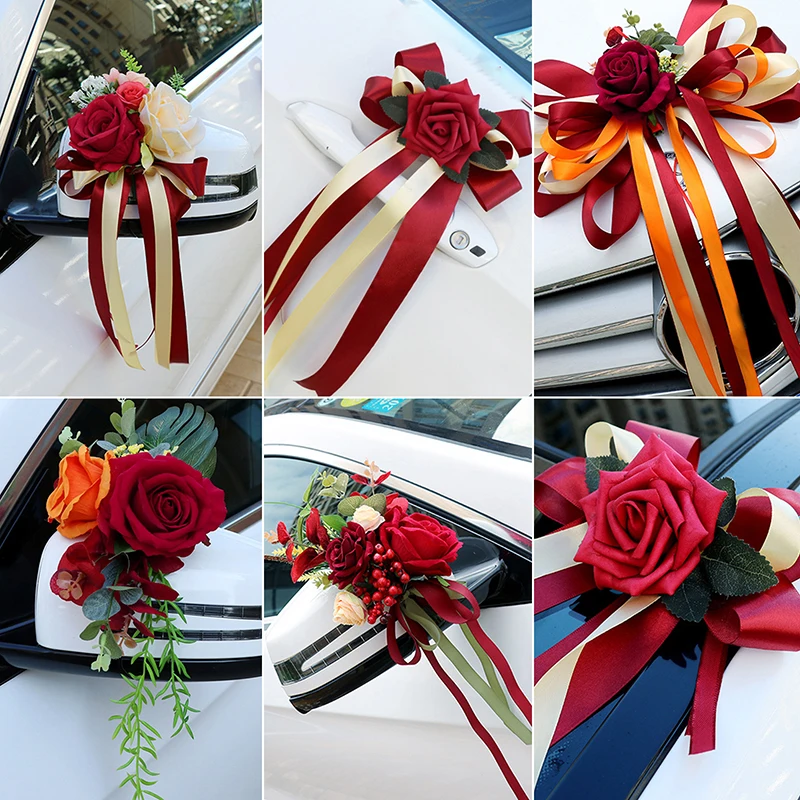 1pc Creative Wedding Car Decoration Flower Door Handles Rearview Mirror Decorate Artificial Flower Accessories Marriage Props