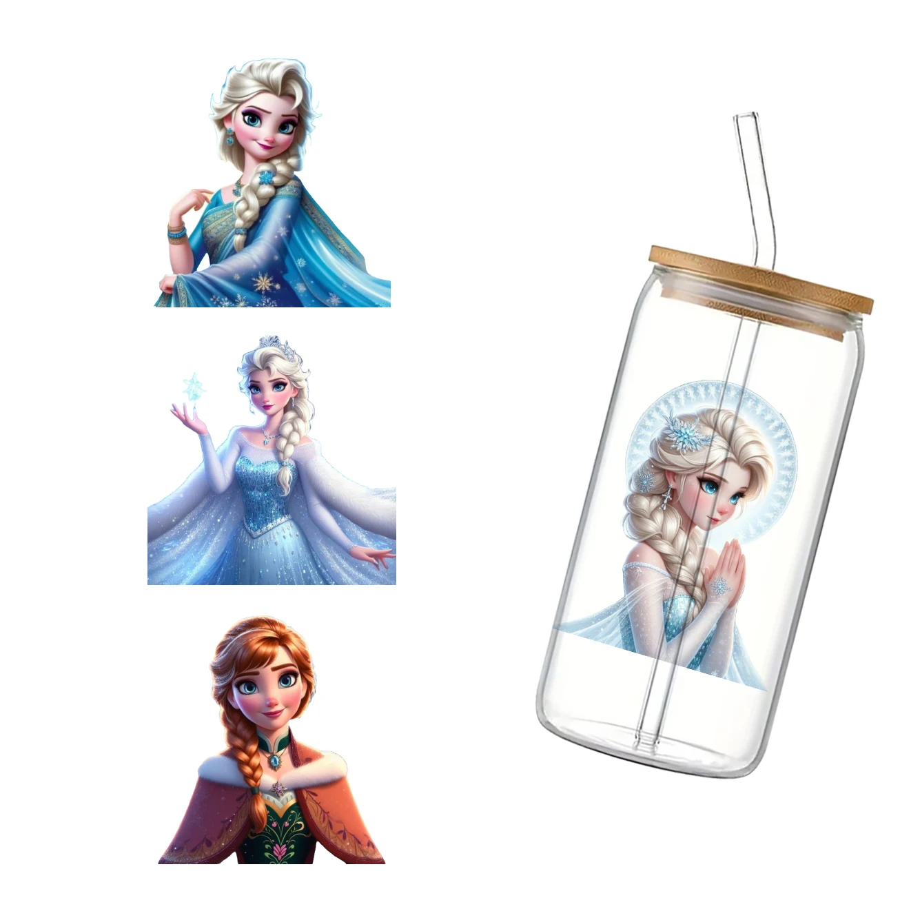 Disney Princess Frozen Elsa Anna For Libbey 16oz Can Glass 3D Waterproof UV DTF Coffee Can Wrap Libbey Glass Wrap 11x11cm