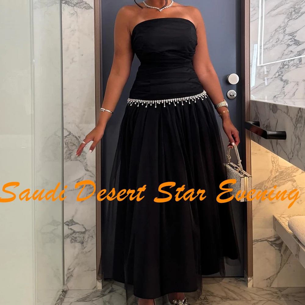 Mode Liebsten Falten Quaste Kristall Knöchel Länge Abendkleider Exquisite A-Line Satin Schwarz Prom Kleider vestidos de fiesta