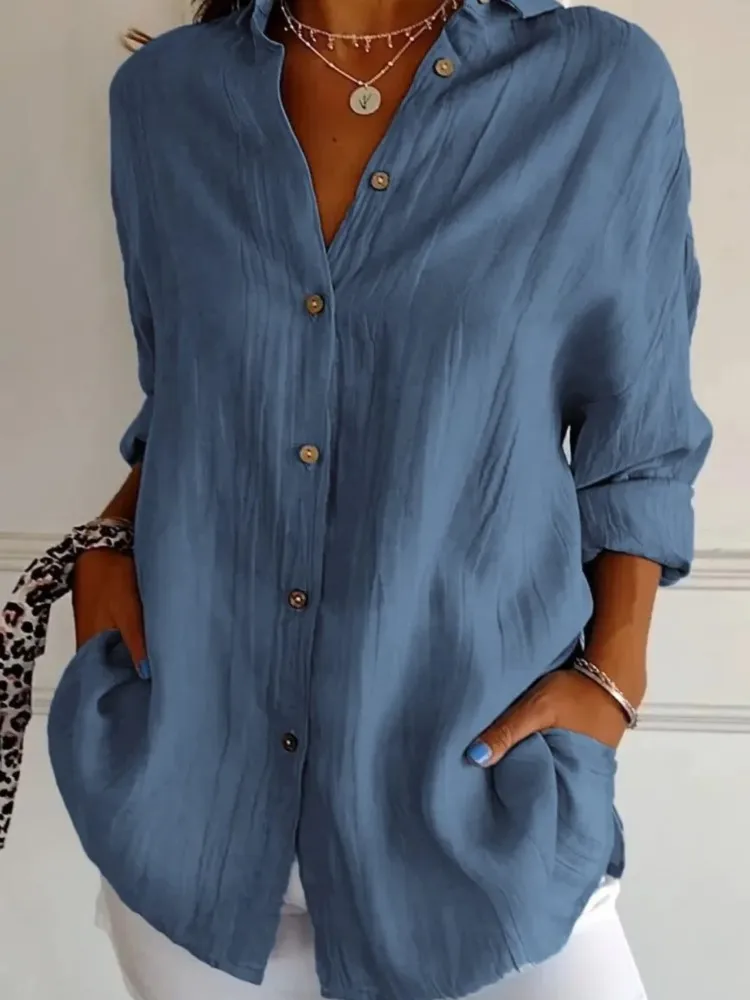 

Casual Cotton Linen Lapel Shirt For Women Loose Solid Long Sleeve Buttons Basic Shirts Tops Female Summer Fashion Ladies Blouses