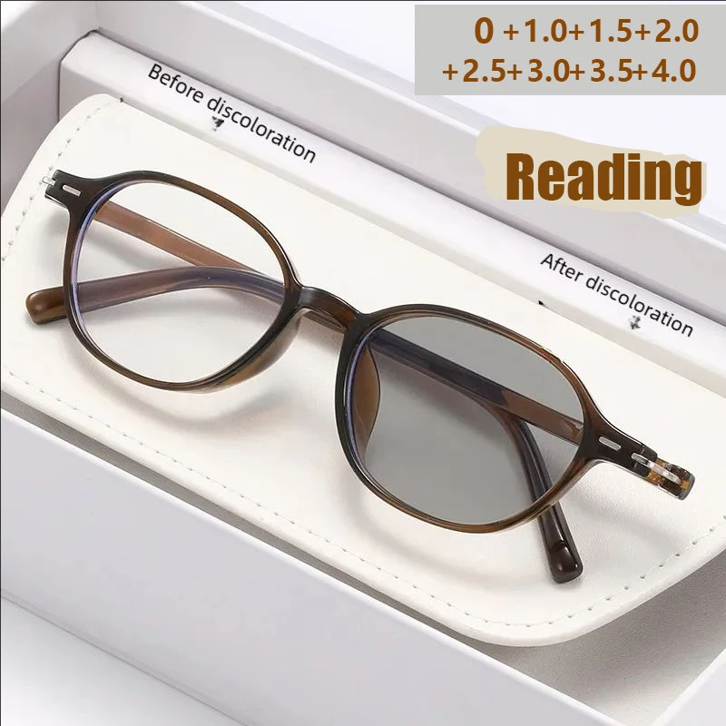 Lichtempfindliche Presbyopie-Brille mit Farbwechsel, Retro, ultraleicht, runder Rahmen, Anti-Blaulicht-Presbyopie-Brille 8888