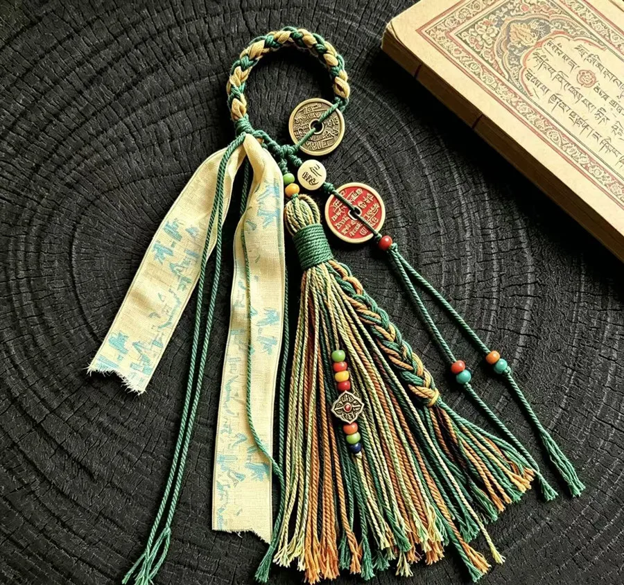 Tibetische Quaste mit Kupfermünzen und Perlen, Vajra-Stößel-Anhänger, gewebtes Lanyard, DIY-Schlüsselanhänger, Handyriemen, Taschen- und Auto-Hängeaccessoire – Detail 19