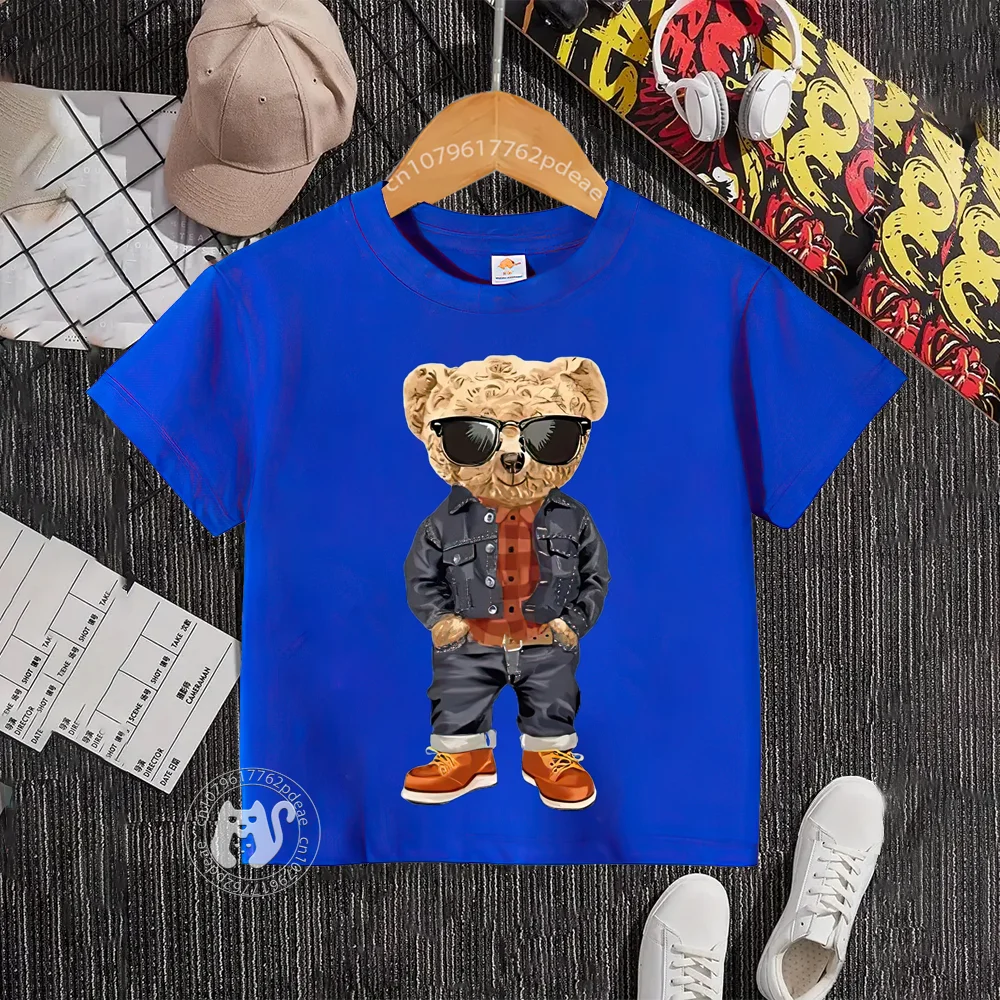 Teen Hip Hop style 100% cotton T-shirt Baby Baby Street Bear pattern round neck cotton T-shirt boys and girls casual children\'s