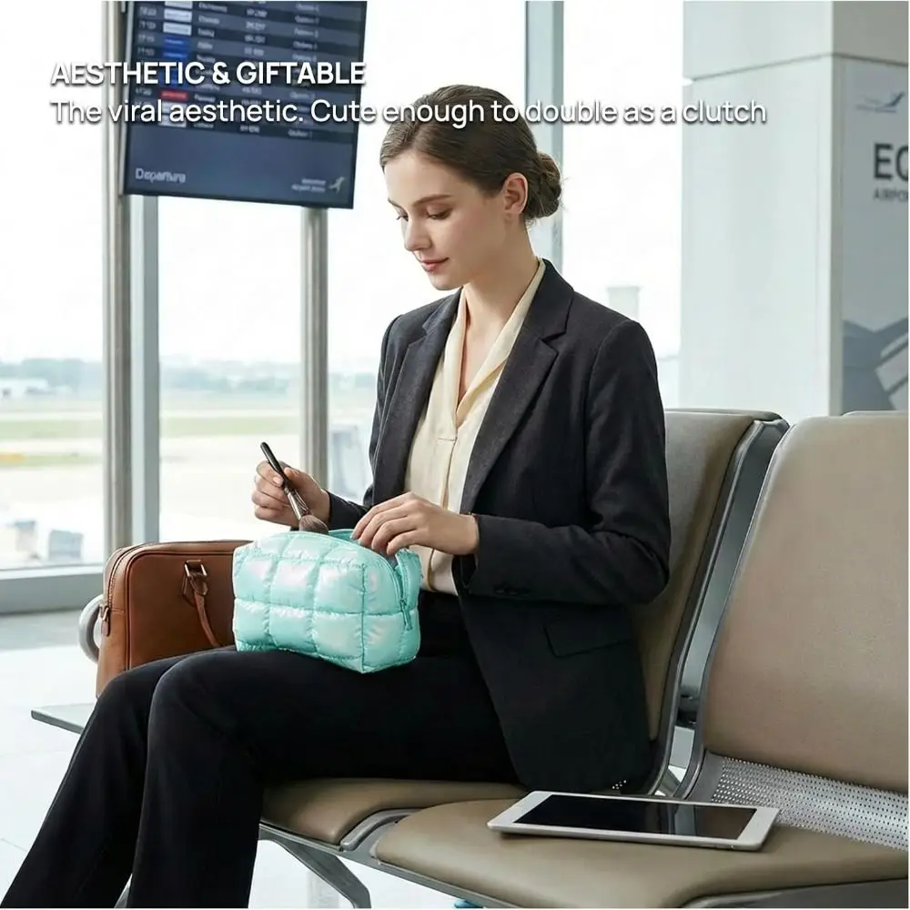 Y2K Aesthetic Checkered Makeup Pouch Bag Water-Resistant Pillowy Softness Puffy Cosmetic Bag Large Capacity Quilted Easy Clean