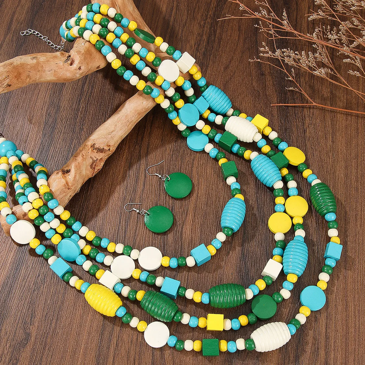 Bohemian Multi-layer Wooden Bead Necklace and Earring Set